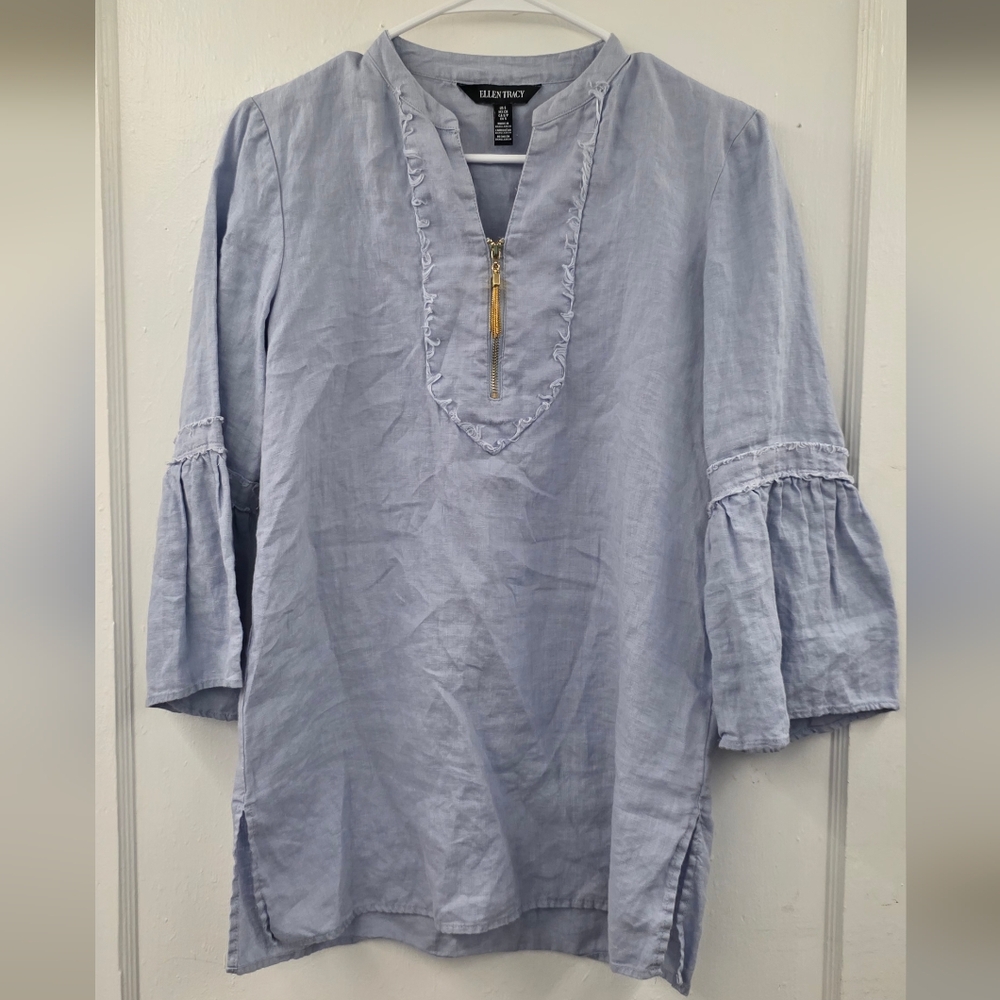 Ellen Tracy 100% Linen Ruffle Sleeve Blouse Blue Gold Zip Size Small